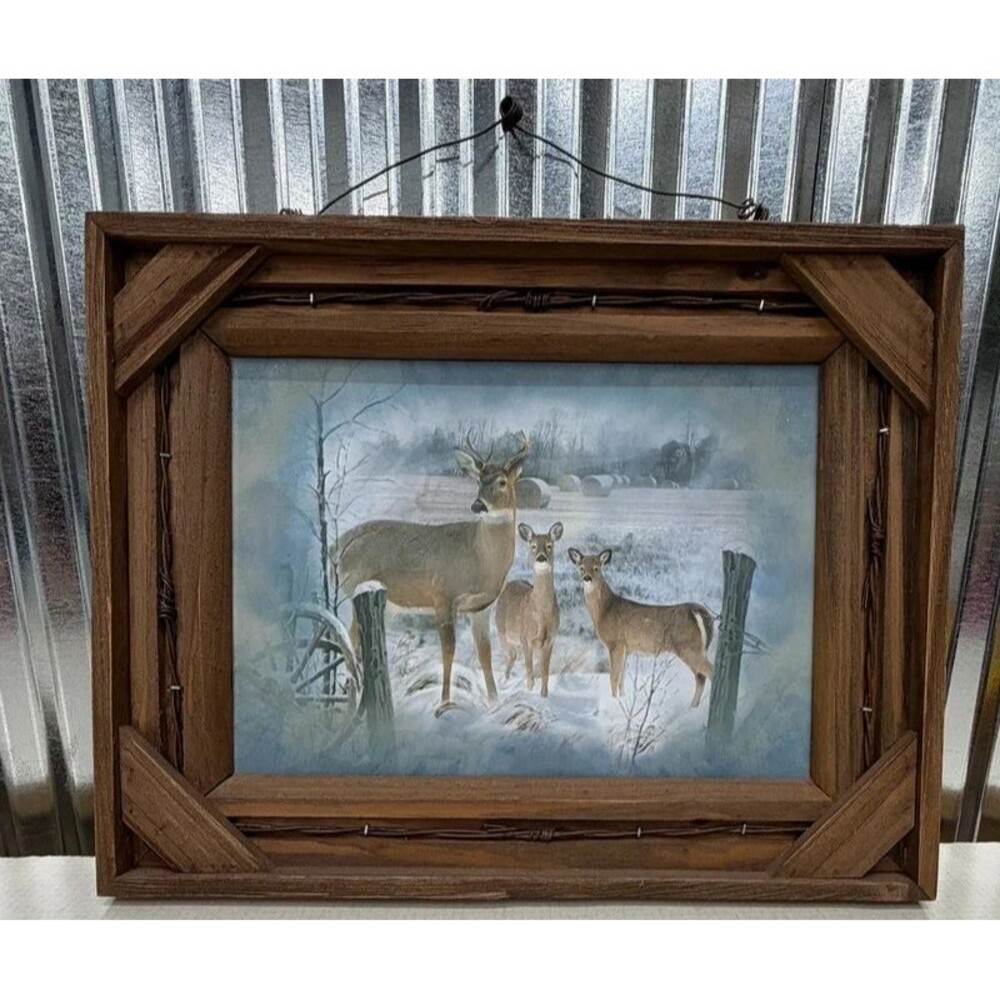 Gerson Rustic Deer Family Winter Wall Art Wood Barbed Wire Frame 14 x 11